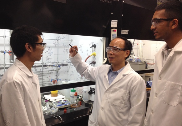 Chuanbing Tang (center) led the research team, which included graduate students Jiuyang Zhang (left) and Mitra Ganewatta. Photo credit goes to: University of South Carolina