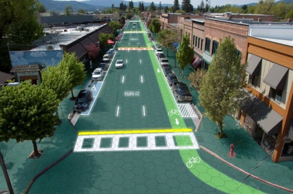 Artist's rendition of downtown Sandpoint, Idaho - Home of Solar Roadways Graphic design by Sam Cornett