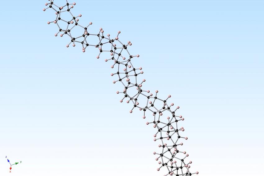 The core of the nanothreads that Badding's team made is a long, thin strand of carbon atoms arranged just like the fundamental unit of a diamond's structure -- zig-zag 'cyclohexane' rings of six carbon atoms bound together, in which each carbon is surrounded by others in the strong triangular-pyramid shape of a tetrahedron. Image credit goes to: Penn State University