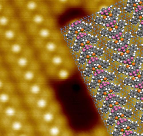 Scanning tunneling microscopy image (background) of the ordered array of diarylethene derivative molecules. A schematic of the molecular structure is shown in the foreground. Image credit goes to: Reproduced, with permission, from ref. 1 © 2014 Wiley