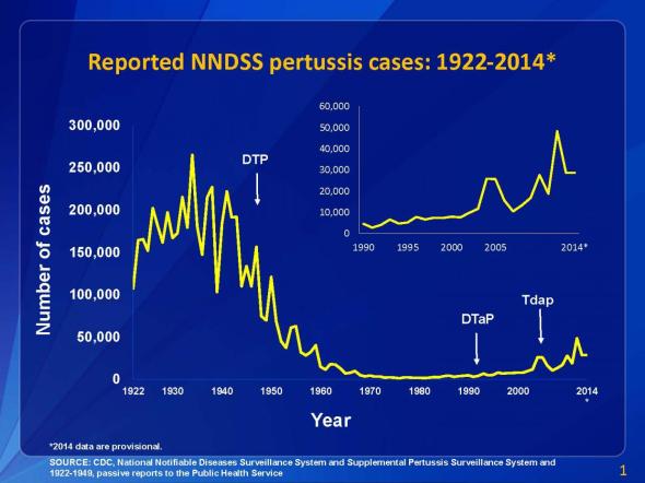 Graph from the CDC showing whooping cough cases from 1922-2014
