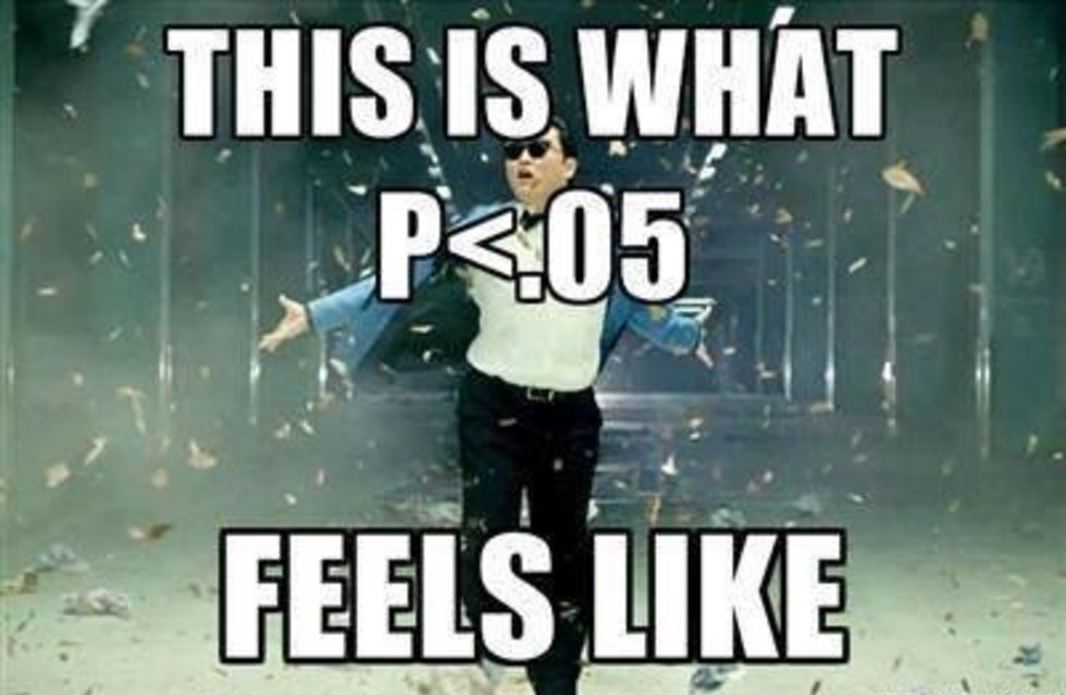 P-value joke showing a very confident man with this is what p less than .05 feels like printed on top of the image