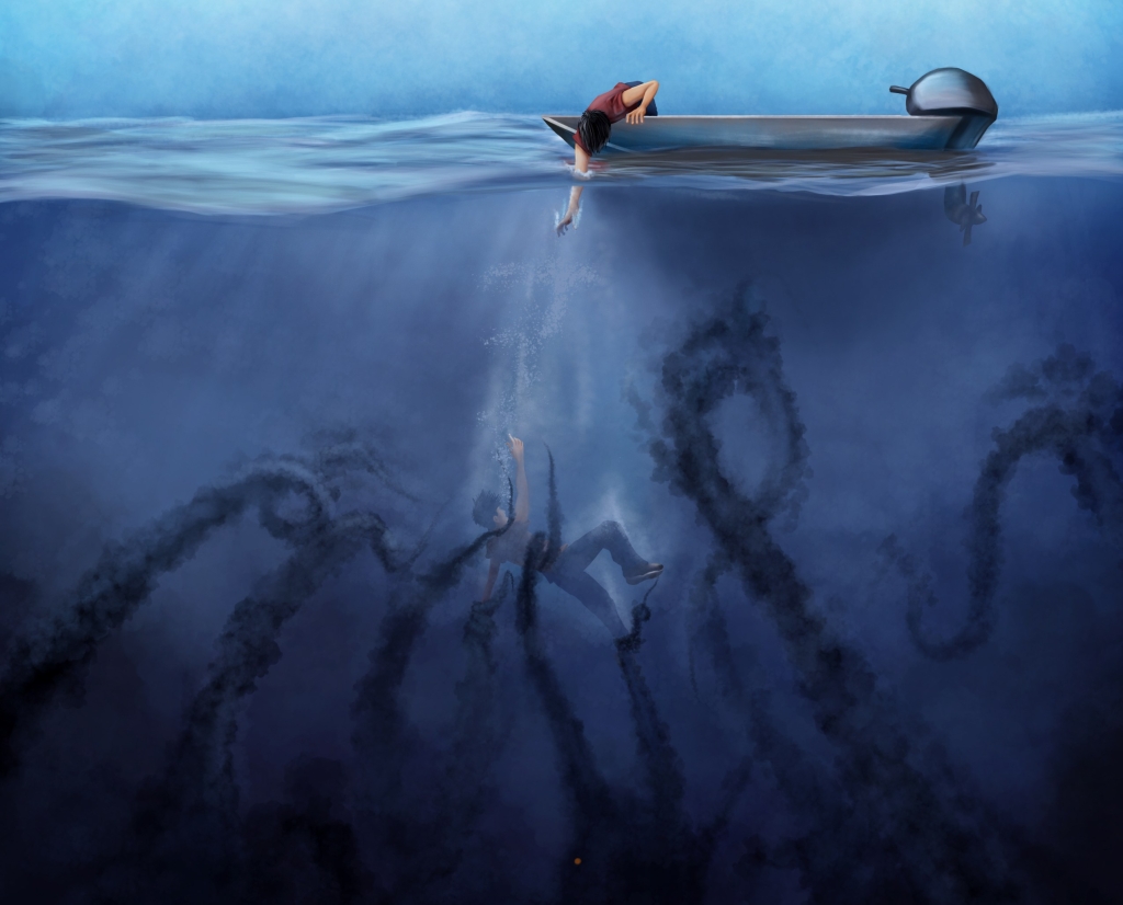 drowning being pulled underwater by dark tentacles