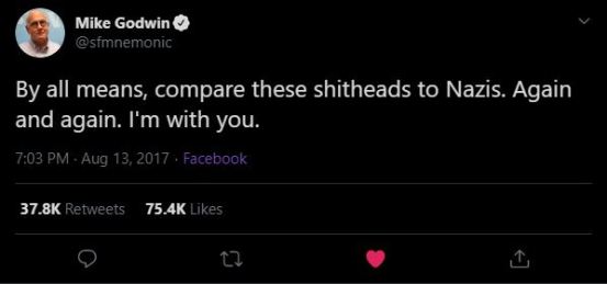 Screenshot of Mike Godwin's tweet saying, "By all means, compare these shitheads to Nazis. Again and again. I'm with you."