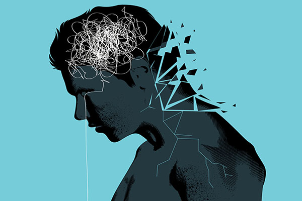 Drawing of a man with cracks forming at the back of the neck. He looks sad, looking down.