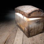 Old wooden treasure chest with strong glow from inside.