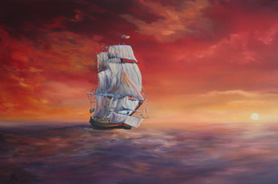 a painting of a ship at sunset on calm seas
