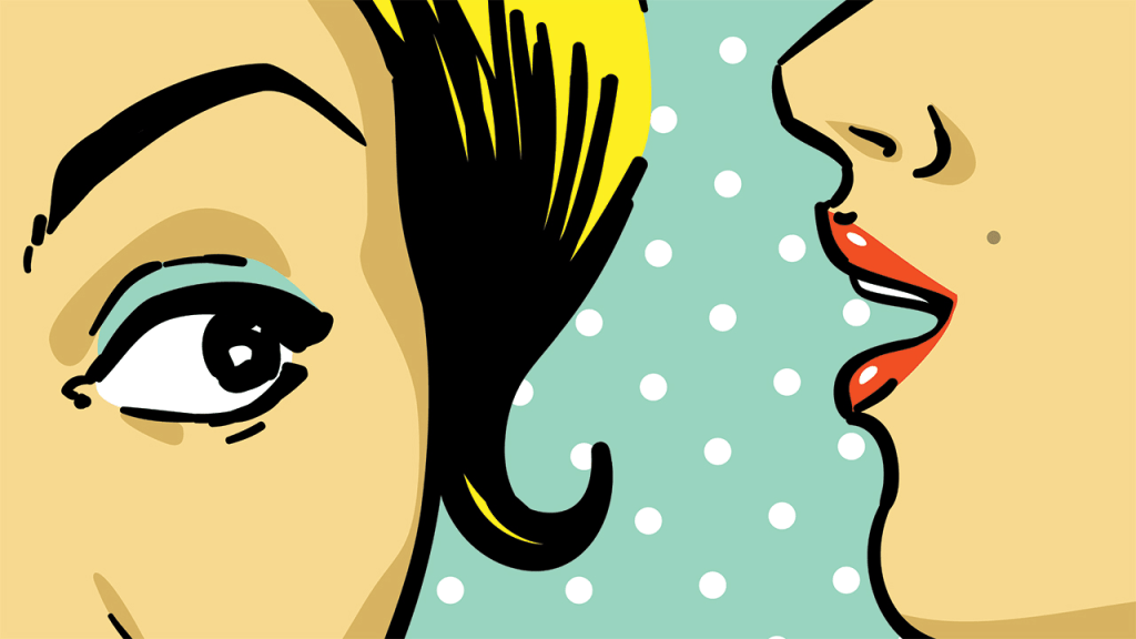 whispering a secret into someone's ear.