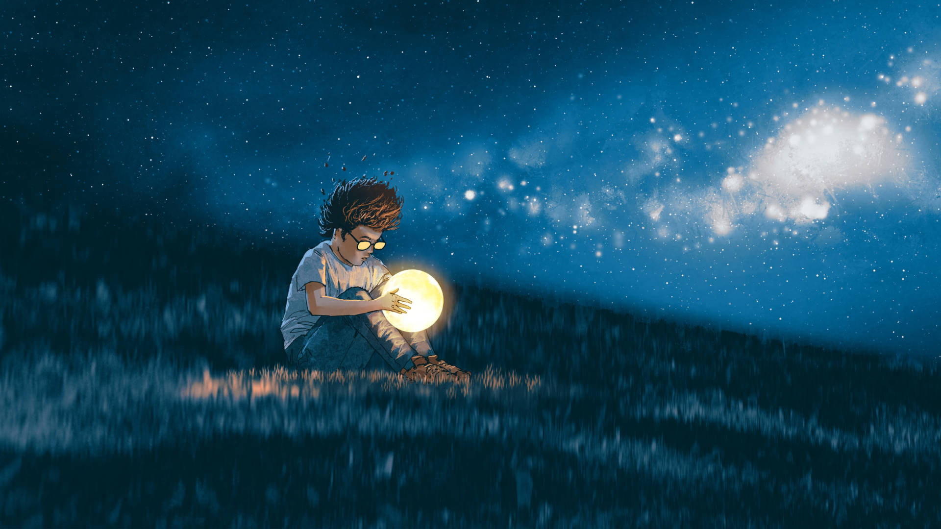 night scene showing young boy with a little moon in his hands sitting on meadow done digitally