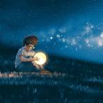 night scene showing young boy with a little moon in his hands sitting on meadow done digitally