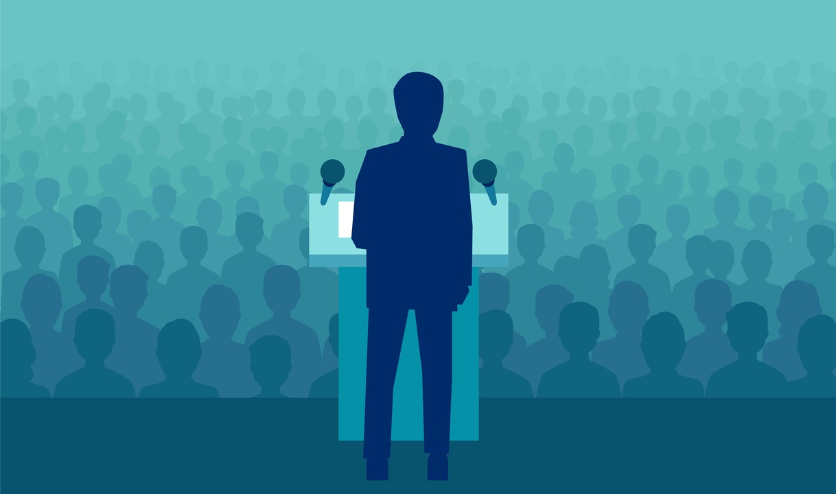 Vector illustration of a person speaking to a large crowd of people