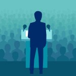 Vector illustration of a person speaking to a large crowd of people